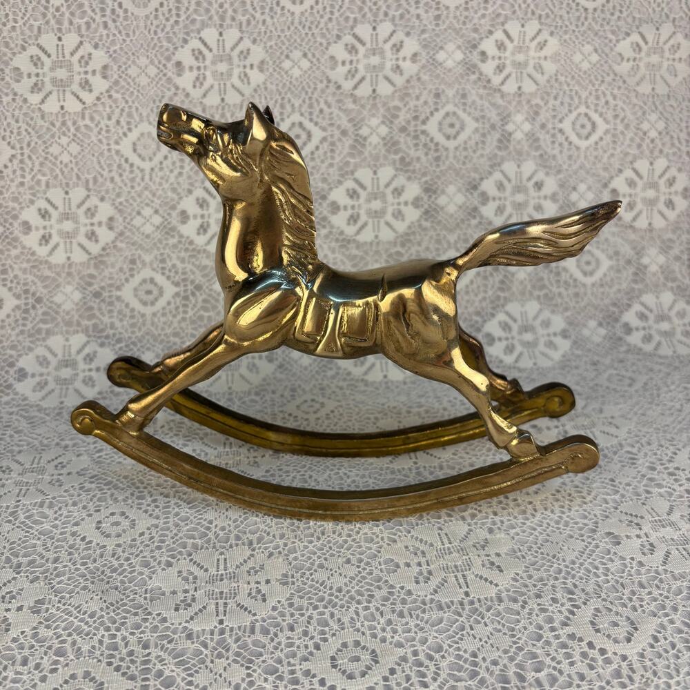 Vintage Solid Brass Rocking Horse Figurine Large 9" Nursery Decor